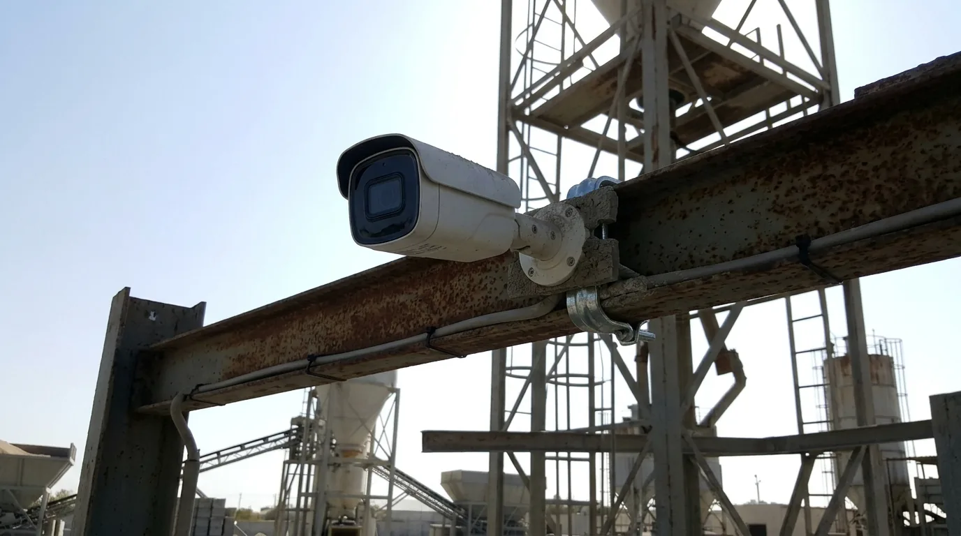 Kamera na oceľovom nosníku pod technologickou vežou betonárne